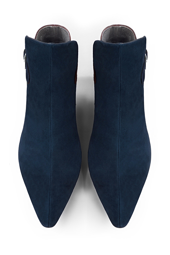 Navy blue and bronze gold women's ankle boots with buckles at the back. Tapered toe. Low cone heels. Top view - Florence KOOIJMAN